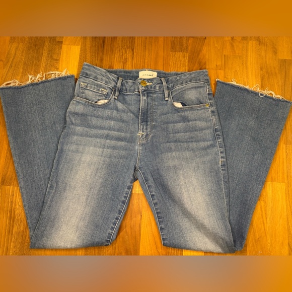 FRAME Le Crop Mini Boot Jeans Size 28 Blue Raw Hem Mid-Rise Bootcut Denim - Picture 1 of 7